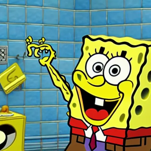 Image similar to Spongebob using the toilet