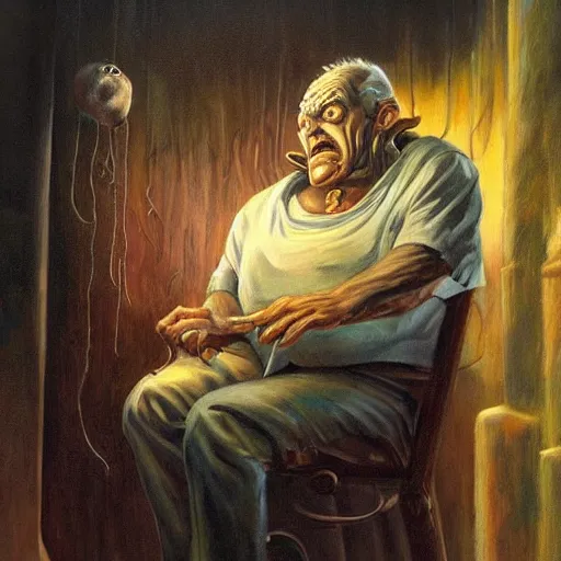 Image similar to closeup face, big eyes, angry old man in chair inside a dark house, surrealism, painting by boris vallejo and michael whelan