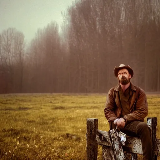 Prompt: medium shot portrait bust of arthur morgan sitting on fence, tired expression, faded color film, russian cinema, mario testino, tarkovsky, technicolor, heavy forest, wood cabin in distance, shallow depth of field, long brown hair, old clothing, heavy fog, brown color palette, sunset, low light, hudson river school, 4 k, dramatic lighting