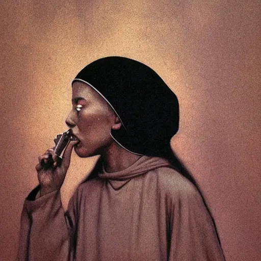 Image similar to a young black nun smoking and puffing lots of smoke, minimalistic background, by Beksinski