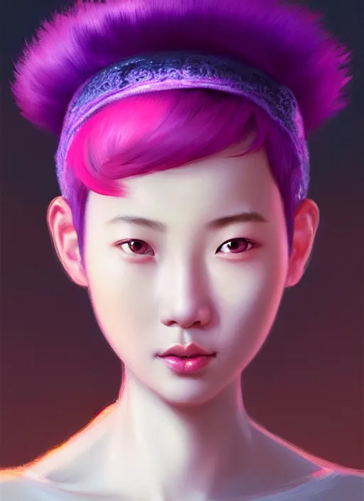 Image similar to portrait of chinese girl with bright pink hair, curly pixie cut hair, wearing a purple cap, breton cap, intricate, elegant, glowing lights, highly detailed, digital painting, artstation, concept art, smooth, sharp focus, illustration, art by wlop, mars ravelo and greg rutkowski