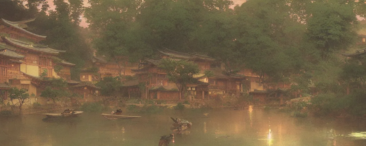 Image similar to a beautiful painting of an ancient japanese town nearby a small river in the evening by alfons maria mucha and ivan aivazovsky, ultra detailed, volumetric lighting, pink vibe