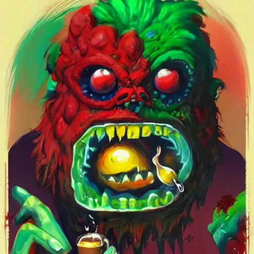 Prompt: a breakfast monsters ,coffee, colorful, digital art, fantasy, magic, trending on artstation, ultra detailed, professional illustration by Basil Gogos