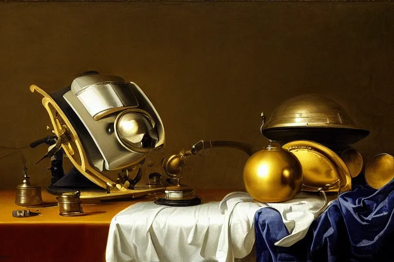 Image similar to still life painting of alien technology, by pieter claesz, oil on canvas, strong lighting, highly detailed, hyper realism, golden hour, god rays, hd, 4 k