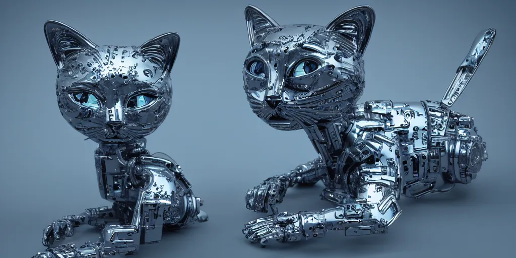 Prompt: a modern cybernetic cat made from porcelain and steel, insane reflexions, pastel colored, daylight, peaceful, 8 k, ambient occlusion, octane render