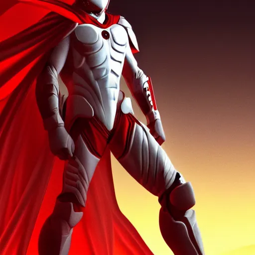 Image similar to tall muscular infantry man in glossy sleek white armor with a few red details and a long red cape, heroic posture, on the surface of mars, night time, dramatic lighting, cinematic, sci-fi, hyperrealistic, movie still