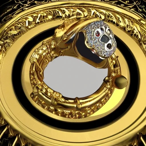 Image similar to complex golden ring with cameo and gems of a vampire mouth with a cyberpunk and gothic style, 8k, details