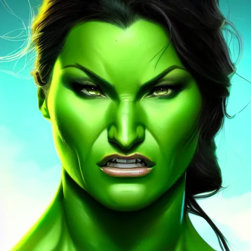 Image similar to Gina Carano She Hulk green skin, highly detailed, digital painting, artstation, concept art, smooth, sharp focus, illustration