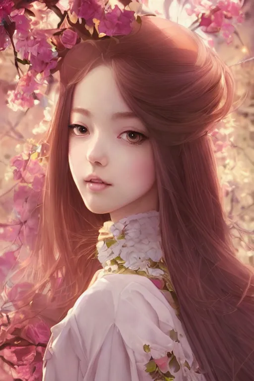 Image similar to romantic and fashion and love princess of the flower with sheath dress, 8 k realistic, teenager girl, baroque, symmetrical, flowing hair, smile, trending pinterest and pixiv, muted colors, hyperrealistic, l close up shot, character concept art, face by kyoung hwan kim, alexandra fomina, ilya kuvshinov