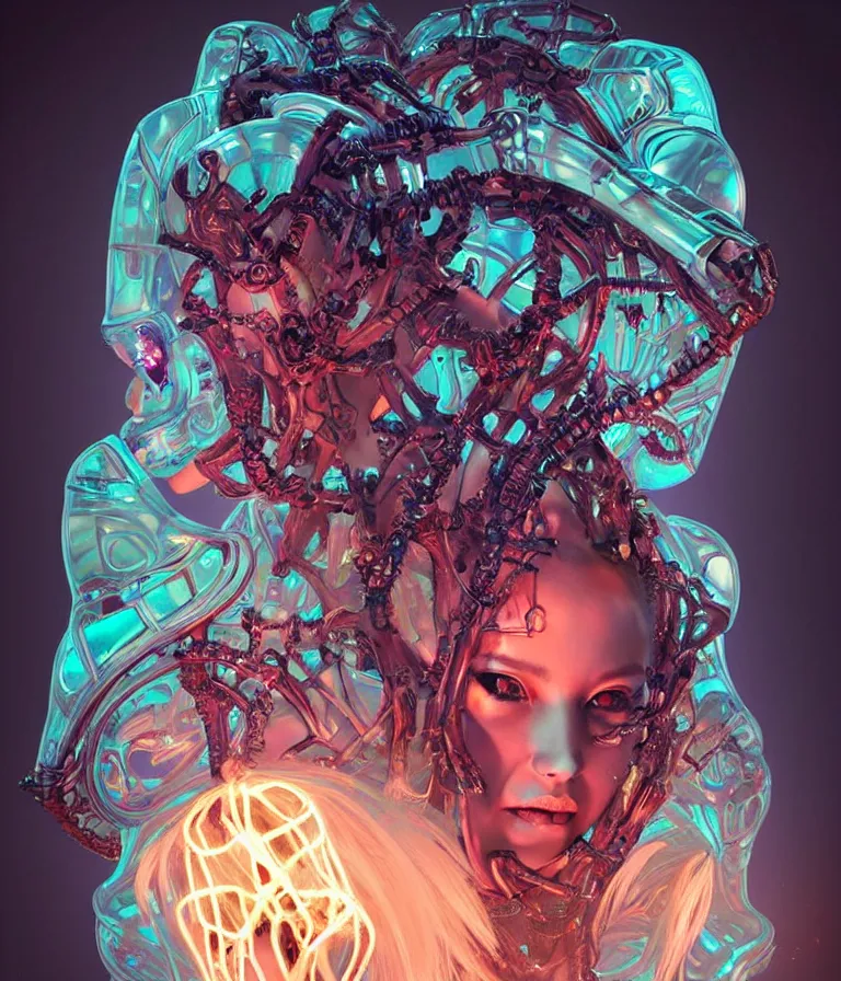 Image similar to fully symmetrical centered iridescent portrait of a beautiful princess demon in robe. skulls artificial muscles, ribcage, bones, hard surface modelling. cyberpunk look. biomechanical mask. bio luminescent biomechanical halo around head. neon jellyfish. artwork by jarold Sng by artgerm, by Eddie Mendoza, by Peter mohrbacher by tooth wu, unreal engine, octane render, cinematic light, high details, iridescent colors, dichroic, macro, depth of field, blur