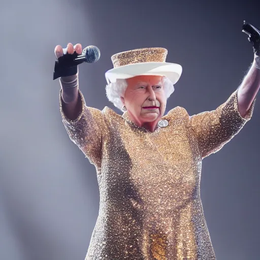 Image similar to queen beatrix performing on her yeezus tour