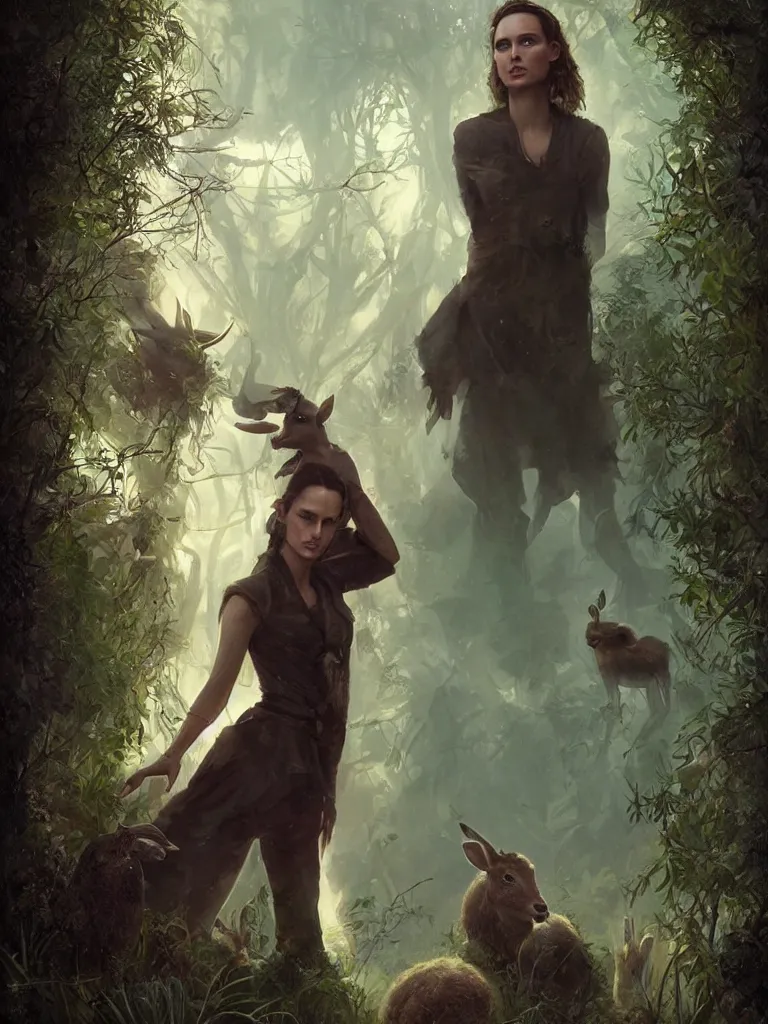 Prompt: a solarpunk portrait of a gorgeous Natalie Portman in the movie Annihilation, with deer and rabbits, award-winning, masterpiece, in the style of Tom Bagshaw, Cedric Peyravernay, Peter Mohrbacher