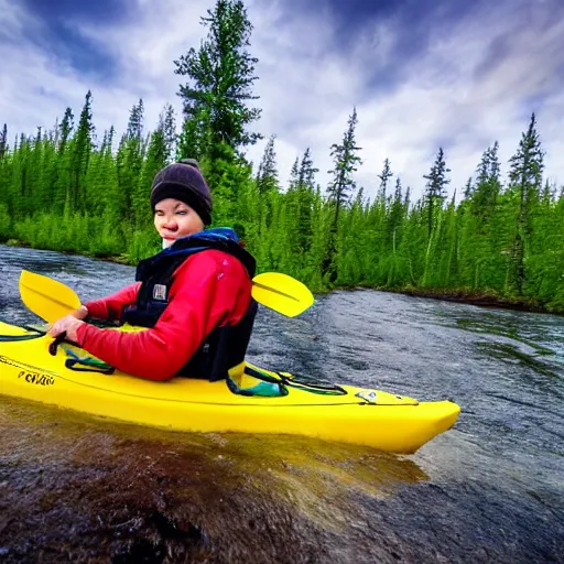 Prompt: baby kayaking on a canadian river through boreal forest past a moose, in the style of action sports photography, high definition,