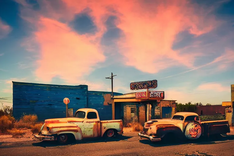 Image similar to a sunset light landscape with historical route 6 6, lots of sparkling details and sun ray ’ s, blinding backlight, smoke, volumetric lighting, colorful, octane, 3 5 mm, abandoned gas station, old rusty pickup - truck, beautiful epic colored reflections, very colorful heavenly, softlight