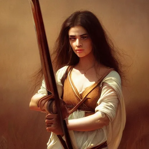 Image similar to artstation concept of a beautiful girl holding a sword in both hands, brown skin, sweaty skin, symmetrical face, casual white garment, brown canyon background, shiny colorful, hyperdetailed, artstation trending, world renowned artists, worth1000.com, historic artworks society, antique renewel, cgsociety, by greg rutkowski, by Gustave Dore, Deviantart