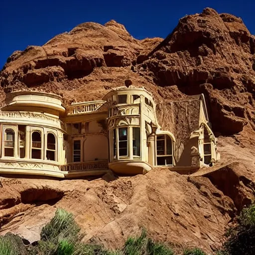 Prompt: a large, victorian mansion covered in sand in a canyon. surreal, dream like.