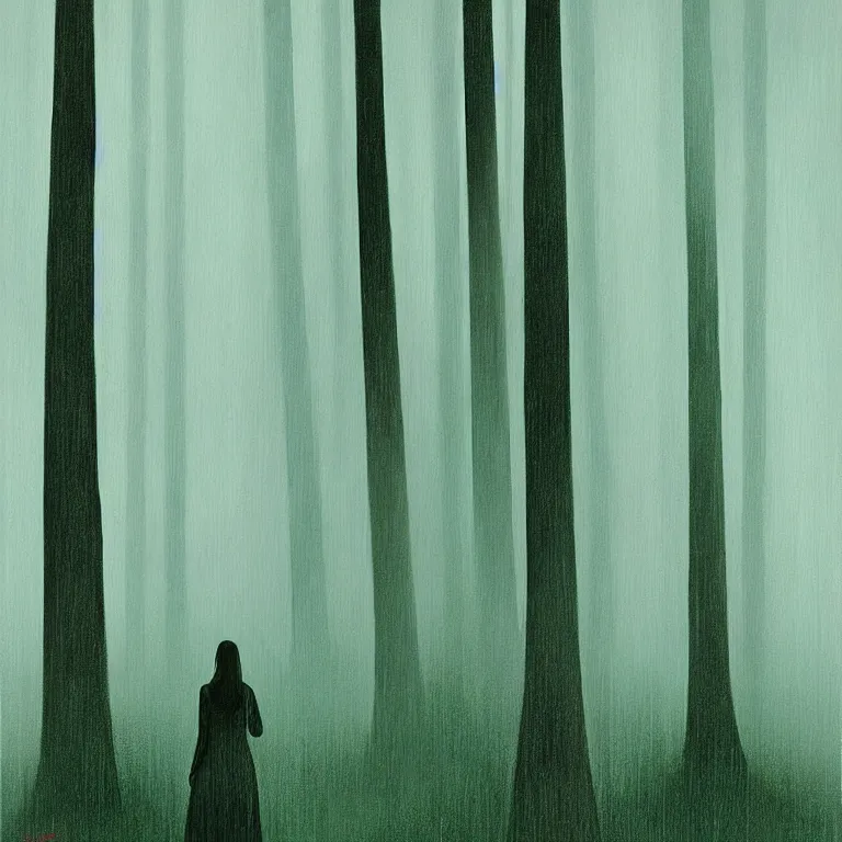 Image similar to a painting of a person standing in the rain surrounded by trees, a digital rendering by Eyvind Earle, deviantart, digital art, matte drawing, deviantart, soft mist