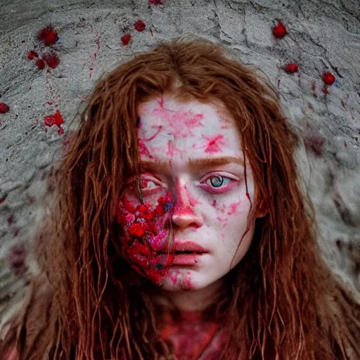 Prompt: 3 5 mm coloured film portrait of sadie sink as aghori sadhu covered in ash creature, hyperrealism, celestial red flowers vibe, photorealistic, detailed, atmospheric, 8 k, award winning photography, cinematic