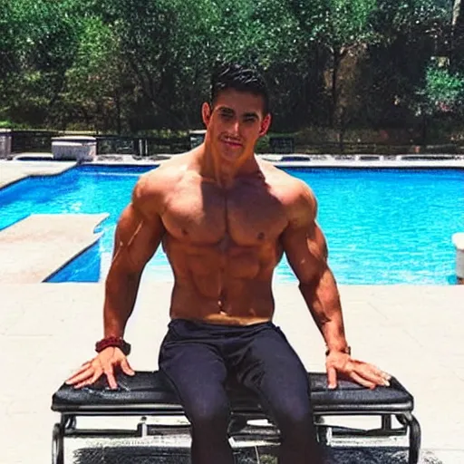 Image similar to “a realistic detailed photo of a handsome guy who is named Rey Garza a fitness model, frozen like a statue, with shiny skin, by a pool, on display”