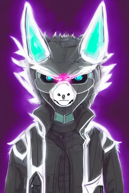 Image similar to a cyberpunk anthropomorphic wolf with a fluffy tail, comic art, trending on furaffinity, cartoon, kawaii, backlighting, furry art!!!, neon, concept art