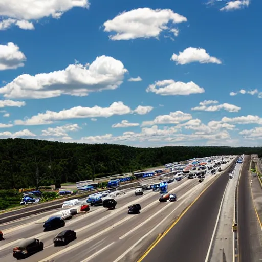 Prompt: photo, 5 0 mm, interstate traffic jam, scattered clouds, midday sun,