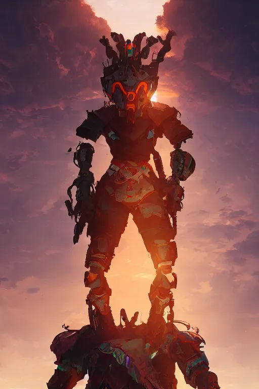 Image similar to combination suit armor aloy horizon forbidden west horizon zero dawn radiating a glowing aura global illumination ray tracing hdr fanart arstation by ian pesty and alena aenami artworks in 4 k tribal robot ninja mask helmet backpack