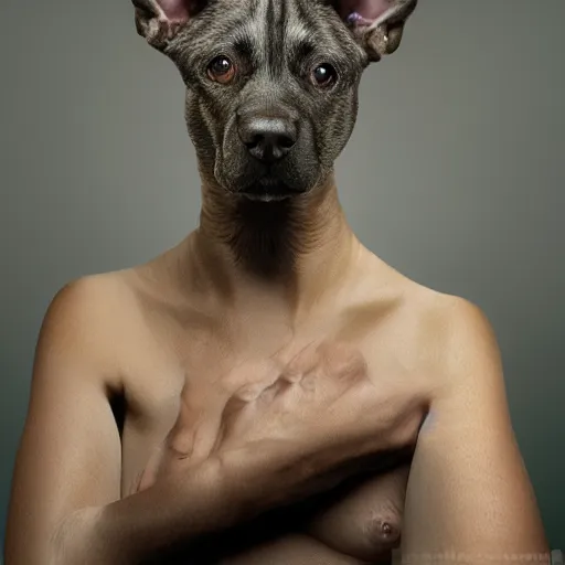 Image similar to realistic studio portrait, dog human hybrid creature, 5 0 % human face, human with dog facial features, in the style of annie leibovitz