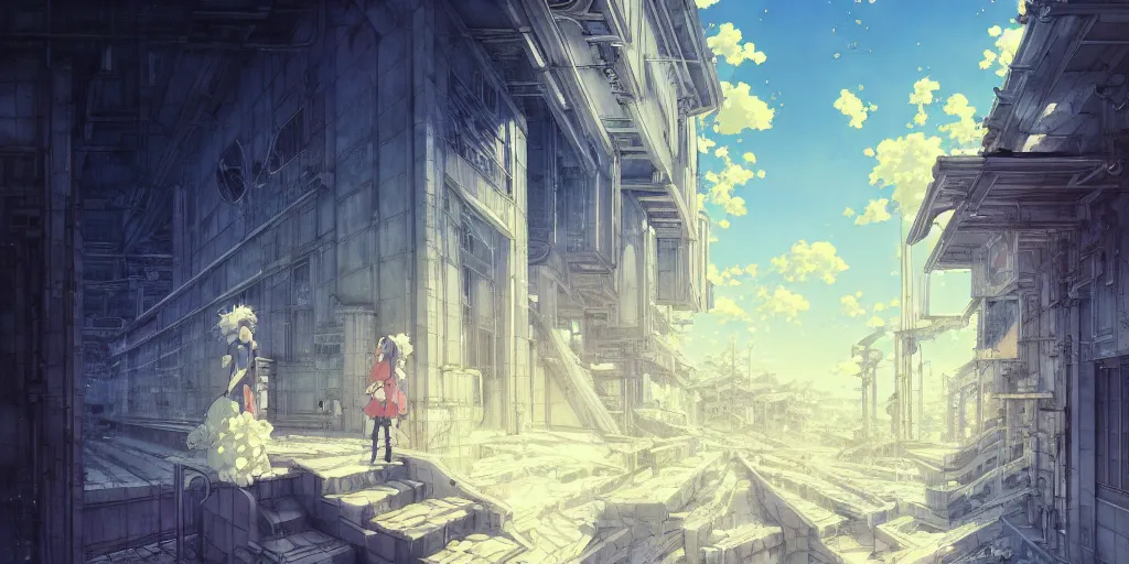 Image similar to baroque acrylic painting, anime key visual concept, anime white clean abandoned concrete cityscapes, rule of thirds golden ratio, fake detail, trending pixiv fanbox, style of makoto shinkai ghibli takashi takeuchi yoshiyuki sadamoto jamie wyeth james gilleard greg rutkowski chiho aoshima