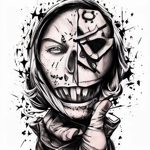 Image similar to scrappy ashen drug addiction cartoon tattoo design, stencil, traditional, professional shoulder tattoo, by artgerm, artgerm, digital art