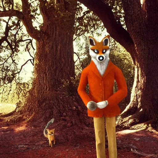 Image similar to realistic photograph of fantastic mr. fox standing under an old oak tree, wes anderson, ansel adams