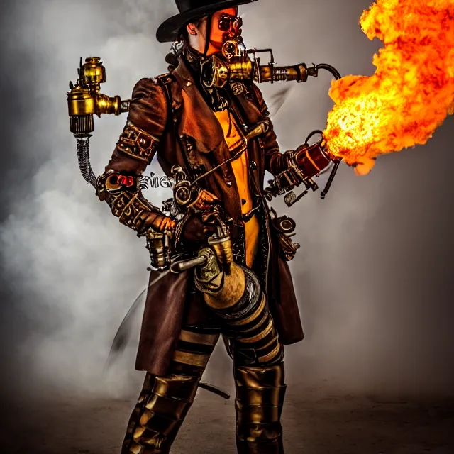 Image similar to full length photo of a steampunk warrior with a flamethrower, 8 k, hdr, smooth, sharp focus, high resolution, award - winning photo
