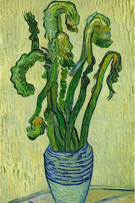 Image similar to Fiddleheads, painted by Vincent Van Gogh (1890), oil on canvas, detailed brushstrokes