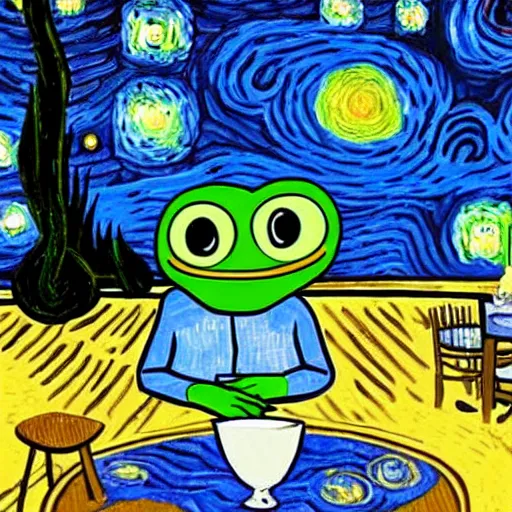 Image similar to starry night with pepe the frog sitting at a cafe table by vincen van gogh