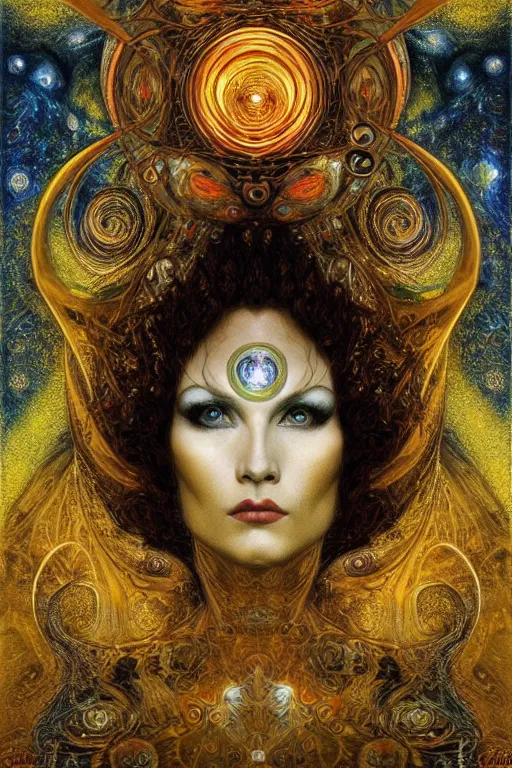 Prompt: Divine Chaos Engine by Karol Bak, Jean Deville, Gustav Klimt, and Vincent Van Gogh, beautiful visionary mystical portrait, sacred, otherworldly, fractal structures, surreal dreamscape, ornate gilded medieval icon, third eye, spirals