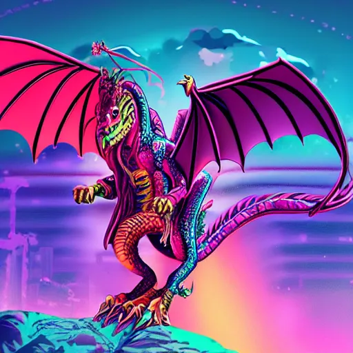 Image similar to dragon with dreadlocks, synthwave