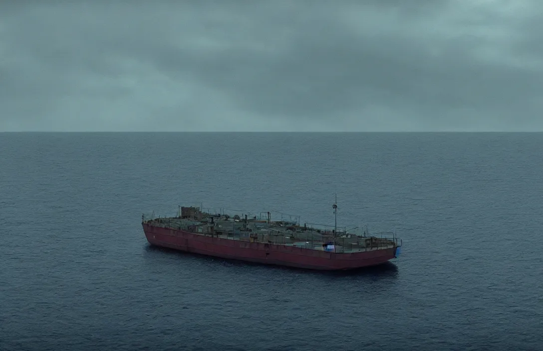 Prompt: ship ever further out to sea render by gregory crewdson habitat roger deakins cinematography