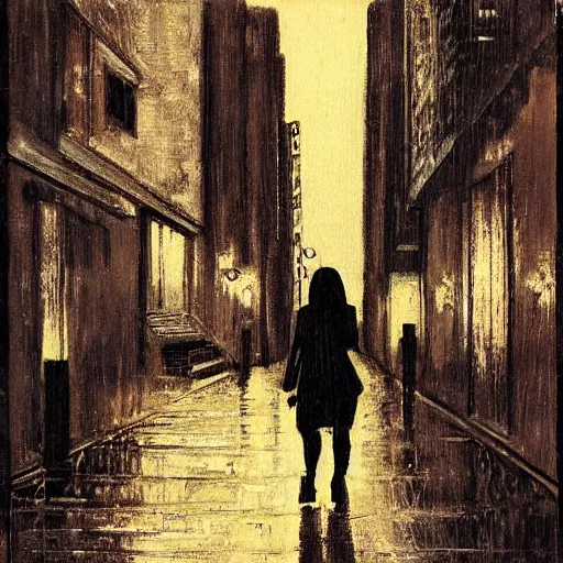 Prompt: girl in leather jacket walking down rainy city street at night, Kiyohiko Azuma