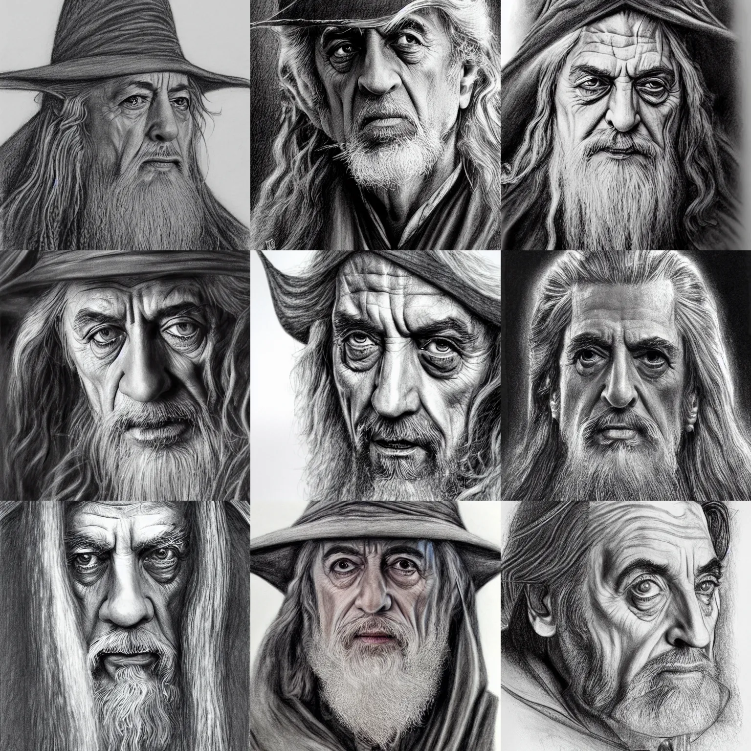 Prompt: Al Pacino as Gandalf, medium close up, pencil sketch in the style of Jim Burns