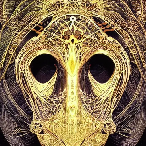 Prompt: ancient hybrid majestic praying shaman fantasy cyber human beautiful symmetrical face mask closeup face mask pattern golden ratio concept, deep forest psytrance Neo-Gothic concept, infinity glyph waves, intricate artwork masterpiece, very coherent artwork, Artgerm, Takato Yamamoto, Zdizslaw Beksinski, Johnatan Wayshak, Moebius, H.R. Giger, Ayami Koj ima, very coherent artwork, trending on cgsociety, ultra high quality model, production quality cinema model, high detail chromatic ink outline, octane render, mandelbulber fractal, hyper reali sm, high detail, octane render, unreal engine 8k, High contrast, highly detailed black ink outline!