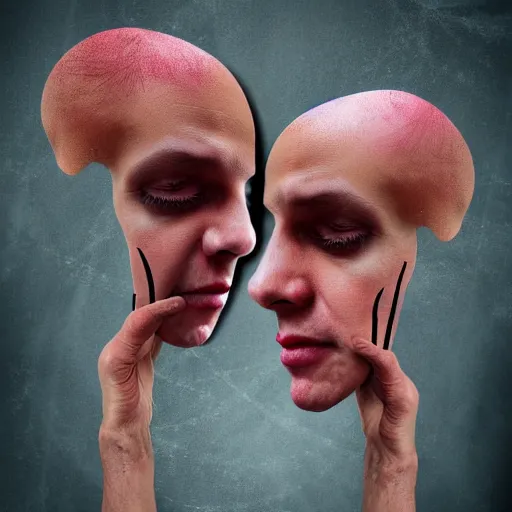 Image similar to split mind fighting itself, the inner critic, emotional highly detailed surrealist art, digital art