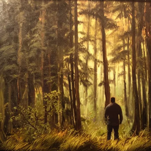 Image similar to a man looking in the forest to see an oversized terrifying monster, dramatic oil painting