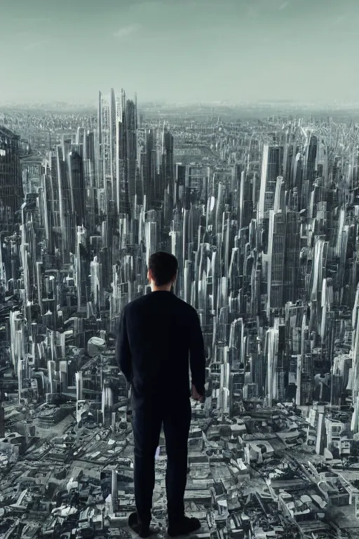 Image similar to close - up of a man standing in front of a giant city of the future