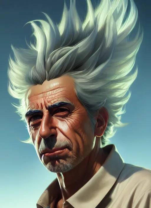 Image similar to ultra realistic illustration, handsome rick sanchez. intricate, highly detailed, digital painting, artstation, concept art, smooth, sharp focus, illustration, art by artgerm and greg rutkowski and alphonse mucha and wlop