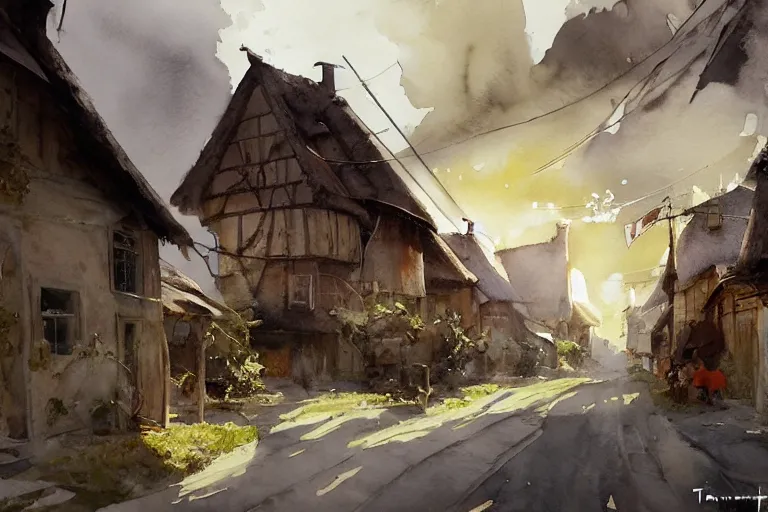 Prompt: abstract watercolor painting of village street, bailey wall, medieval straw roof, scandinavian viking age, ambient lighting, art by hans dahl, by jesper ejsing, art by anders zorn, wonderful masterpiece by greg rutkowski, cinematic light, american romanticism by greg manchess, creation by tyler edlin