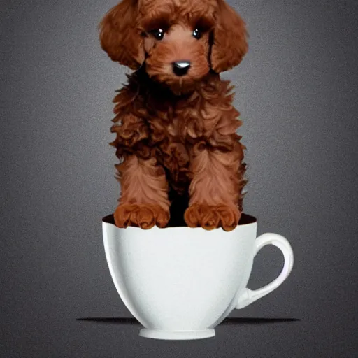 Image similar to very realistic cute brown poodle puppy sitting inside a tea cup