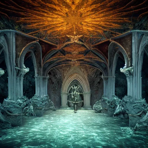 Image similar to an intricate photograph of an underwater gothic cathedral at the bottom of the ocean surrounded by mermaids by david lachapelle, francisco goya, william blake, dark and scary abyssal ambient, photorealistic, octane render, unreal engine, 4 k, smooth zenithal lighting, subaquatic photography,