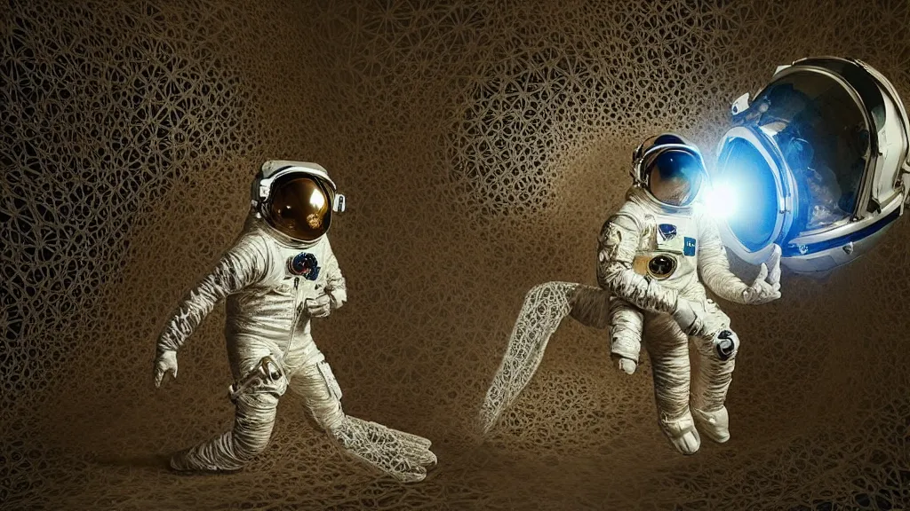 Image similar to a single astronaut eva suit covered in diamond 3d fractal lace iridescent bubble 3d skin and covered with insectoid compound eye camera lenses floats through the living room, film still from the movie directed by Denis Villeneuve with art direction by Salvador Dalí, wide lens,