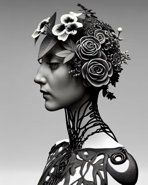 Image similar to monochrome 3 d model, 1 9 3 0 picture, floral steampunk biomechanical beautiful young female cyborg with porcelain profile face and a techno eye, volumetric light, leaves foliage and stems, hibiscus flowers, boho vines, sinuous fine roots, fine foliage lace, alexander mcqueen, rim light, big gothic fashion pearl embroidered collar, octane render, 8 k