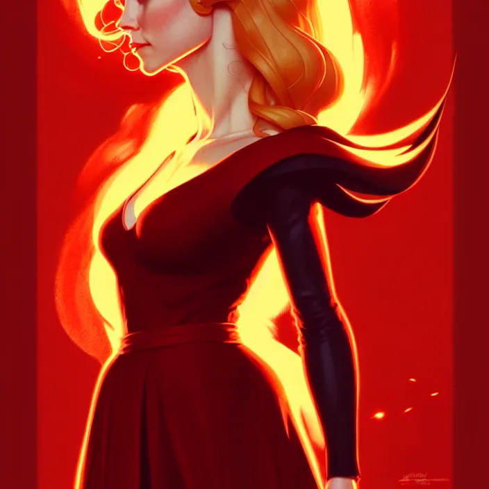 Prompt: style artgerm, joshua middleton, norman rockwell, beautiful kristen bell with dark red dress, very long orange hair, symmetrical face, symmetrical eyes, fire powers fire swirling, detailed, volcano setting, cinematic lighting