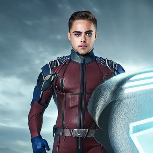 Prompt: stunning awe inspiring dacre montgomery as archangel in a x - men movie, still 8 k hdr atmospheric lighting